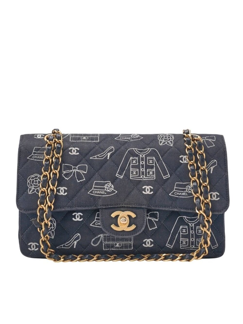 Chanel Quilted Double Flap 25 Icon Print Chain Shoulder Bag Canvas Bicolor Black